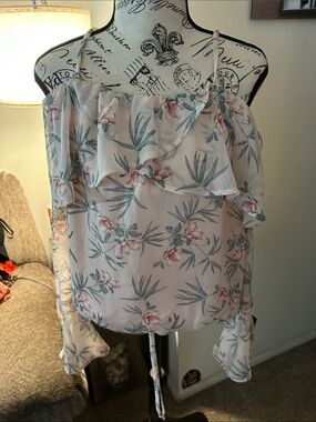 Iz Byer White Floral Off-Shoulder Ruffle Top with Pink Flowers